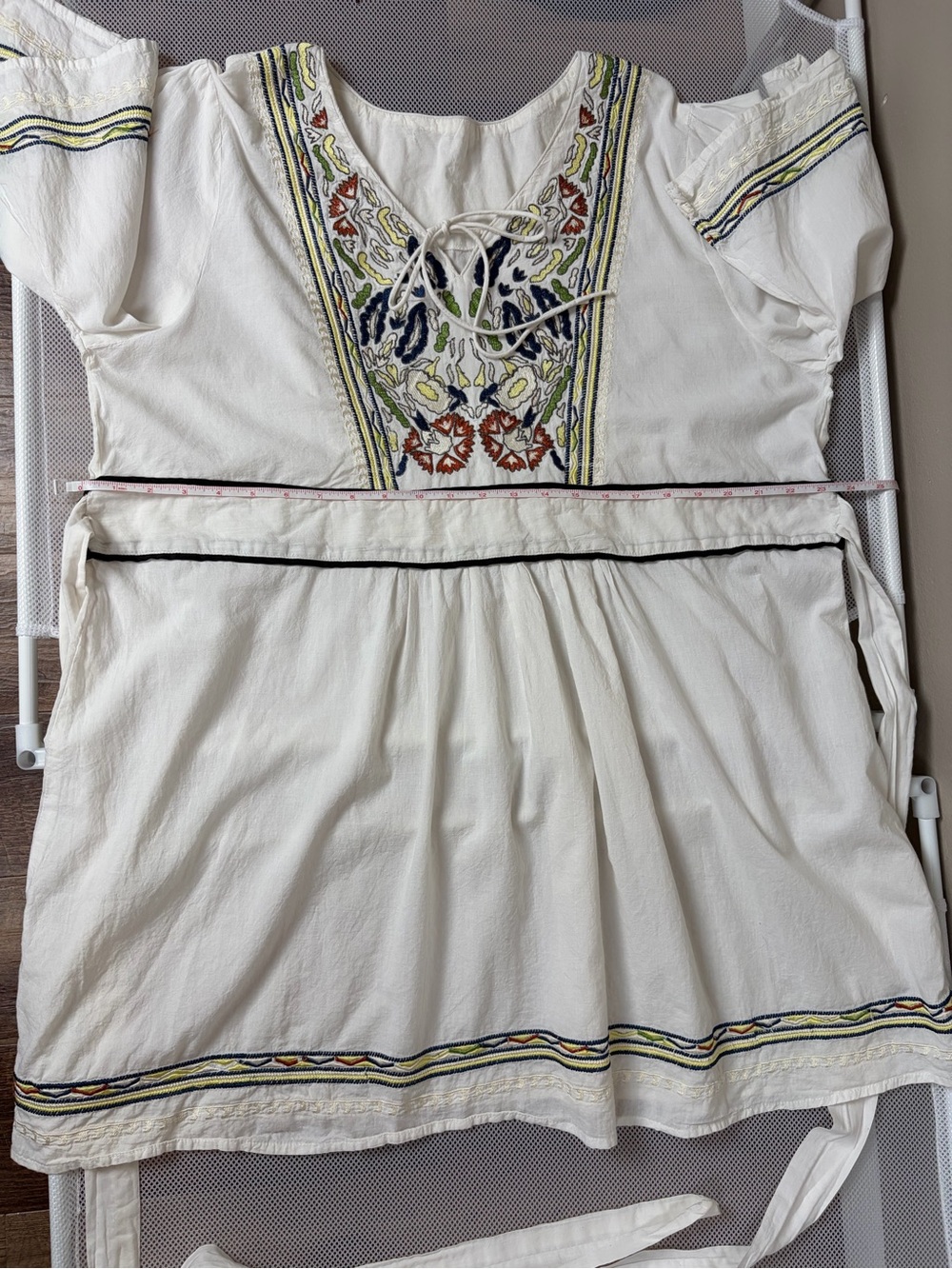 Boho Embroidered Tie Waist Tunic Mini Dress White Caftan Peasant Festival XL/2XL - Picture 10 of 15
